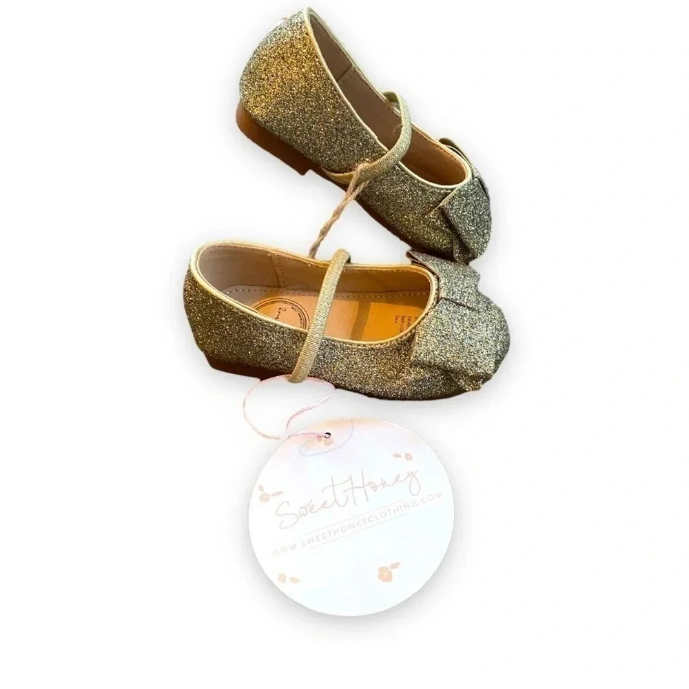 SweetHoney Girls Gold‎ Glitter Bow Mary Jane Dress Shoes Size 5 NEW
